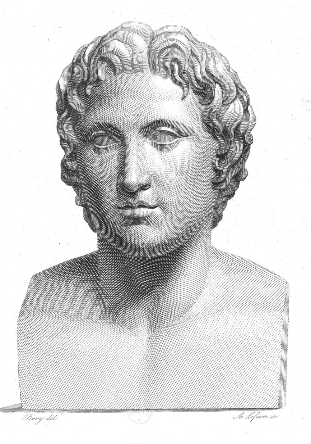 Gravura em preto e branco de um busto de Alexandre, o Grande, visto de frente, com cabelo encaracolado desenhado em hachura fina.