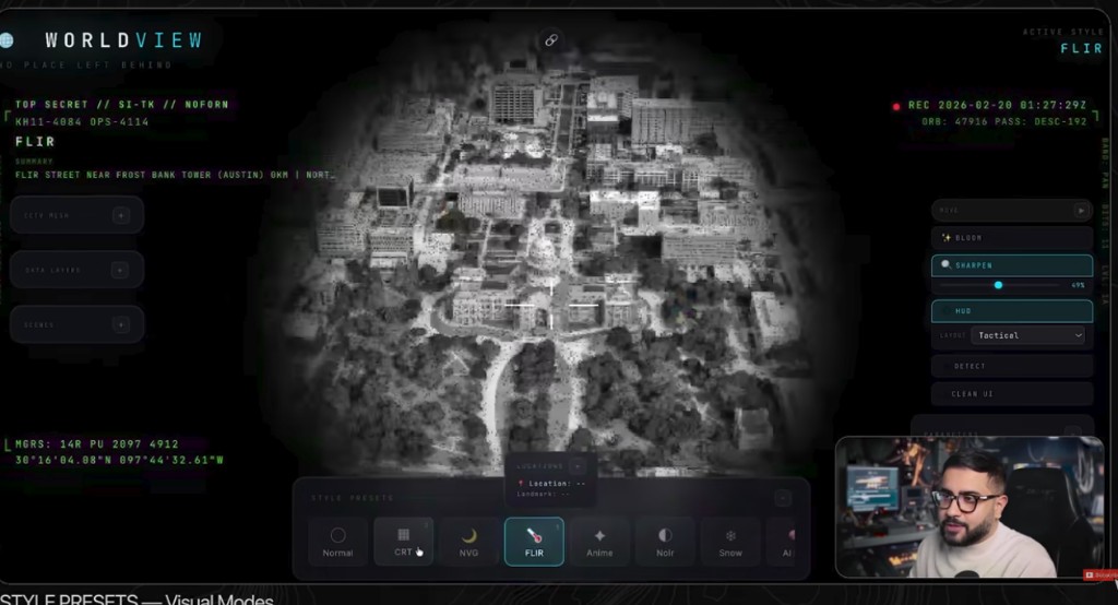 WorldView em modo FLIR, imagem de satélite com HUD sobre Austin, Texas